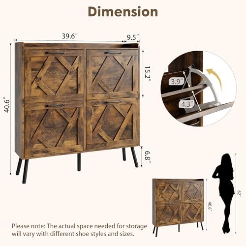 Nicetree Shoe Cabinet Storage for Entryway, Freestanding Shoe Storage Cabinet, Farmhouse Narrow Shoe Rack Cabinet for Entryway, Foyer, Hallway, Shoe Cabinet 4 Flip Drawers - Image 2