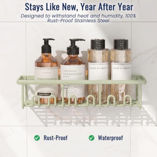 8 Pack Adhesive Rustproof Shower Caddy with Soap Dishes, Toothbrush Holder & Hooks, Large Capacity No-Drilling Shower Shelves Rack for Bathroom Organizers and Storage Accessories, Green - Image 2