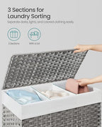 SONGMICS Rolling Laundry Hamper with Lid, 160 L 3-Section Synthetic Rattan - Image 3