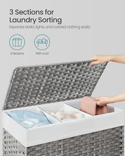 SONGMICS Rolling Laundry Hamper with Lid, 160 L 3-Section Synthetic Rattan - Image 3