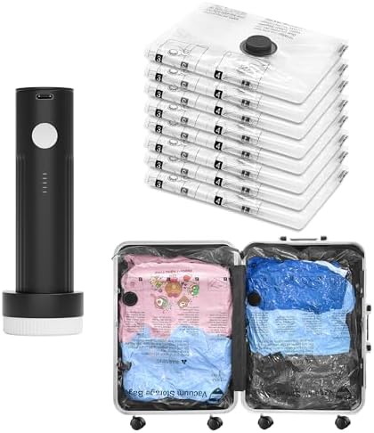 Vacuum Seal Bags for Clothing Travel and Home Storage, Travel Vacuum Bags with Electric Pump, Space Saver Compression Packing Cubes for Luggage Suitcase Bedding Blankets Clothes, 8 Large by SUOCO