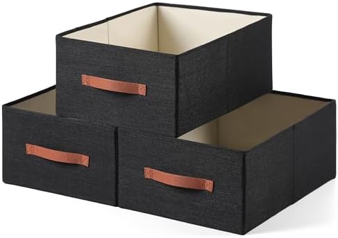 linen closet organizers and storage, 3 Pack Large Storage Baskets, Washable, Clothing Storage Bins with Handle, Closet Organizer for Storage Sweater,Sheets (Black, 18½"x13½x8½) by Unknown