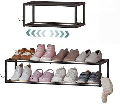 2 Pack Wall Mounted Shoe Rack, Expandable 16-29" with 4 Hooks by DONGRONG