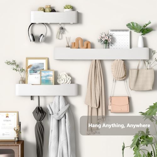 Wall Mounted Coat Rack with Shelf, Wooden Entryway Organizer with Hidden Metal Hooks for Hanging Coats Bags Keys, Modern Floating Shelf for Hallway Bathroom - Image 3