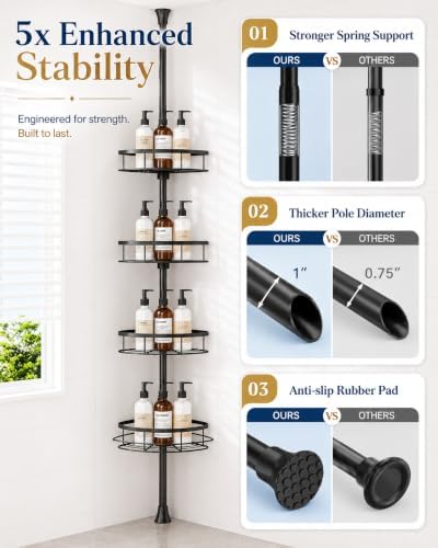 SEIRIONE Rustproof Shower Corner Caddy Organizer for Bathroom, 4-Tier Adjustable Bathroom Shelf with Tension Pole, Solid Rack Ideal for Bathtub Storage, 34 to 116 Inch Height, Black - Image 4