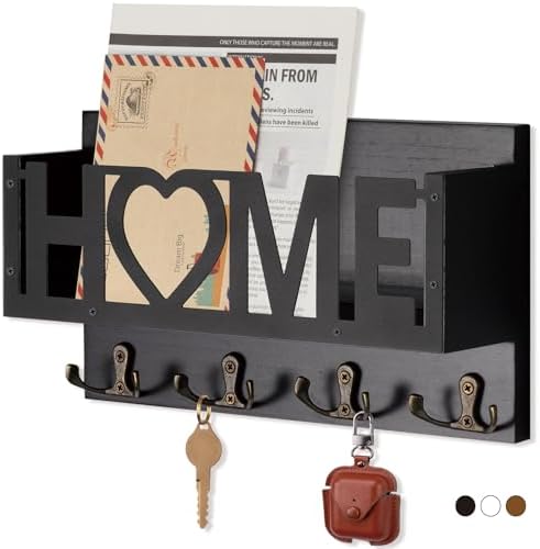Wall Mount Mail and Key Holder, Wooden Mail Organizer with 4 Double Hooks, Black Metal Letters, Farmhouse Home Decor, Entryway Storage, 10.8 x 3.3 x 6.2 Inches by FIPUTE-MakesLifeEasier