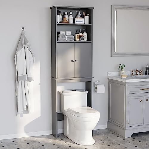 Over the Toilet Storage Cabinet for Bathroom, 75in Over Toilet Cabinet Freestanding Storage Organizer, Space Saver with Doors and Adjustable Shelf, Grey by Meilocar