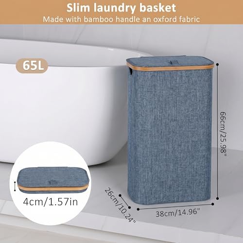 iEGrow 65L Slim Laundry Hamper, Narrow Laundry Basket with Lid,Foldable Clothes Hamper with Bamboo Handles,Hamper Basket with Removable Inner Bag for Laundry Room Bedroom College Dorm,17.17 Gals Blue - Image 2
