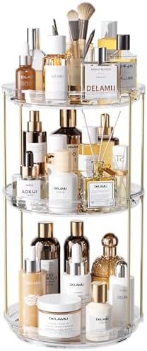 Delamu 3 Tier Rotating Makeup Organizer for Vanity, Bathroom Counter Organizer with Stackable Design, Spinning Skincare Organizer for Bathroom Countertop, Perfume Cosmetic Storage, Clear by DELAMU