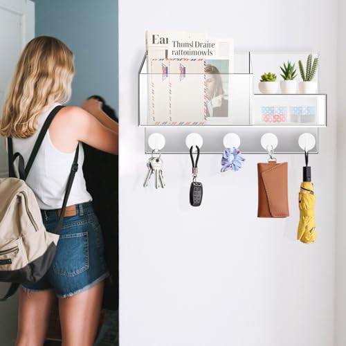 Acrylic Key Holder Wall Mount Mail Organizer for Wall with Shelf Storage Drawer and 5 Hooks, Clear - Image 7