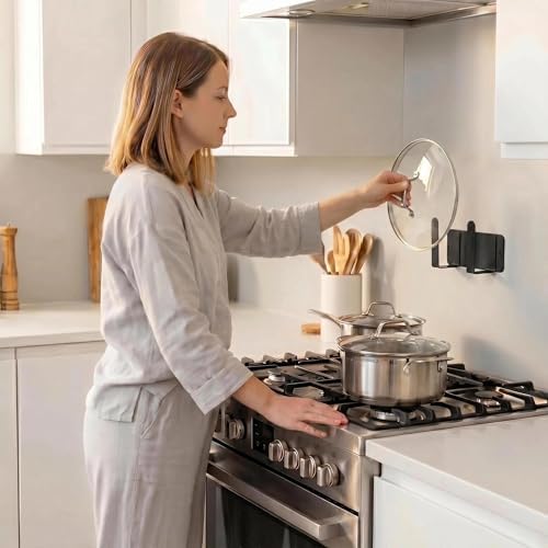 Pot Lid Rack, Wall Mounted 304 Stainless Steel Multi-Functional Storage Holder, Fits Cutting Boards, Pot Lids, Bathroom Scales, Self-Adhesive & Screw Mounting(Black, Set of 2) - Image 5