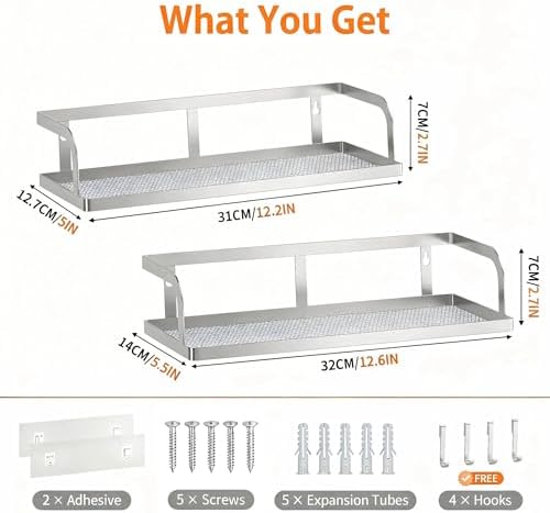 PUSDON 2-Pack Wide Hollowout Shower Caddy & Spice Rack, Wall Mount Bathroom Organizer with Mesh Bottom, Easy Access Cabinet Door Shelf Holds 50LBS - Silver Gray, Hollowout - Image 3