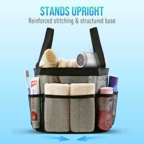 Mesh Shower Caddy Portable, Shower Tote Bag for Dorm Room Essentials, 8 Pockets Large Shower Basket for College Gym Beach Camping (1, Black) - Image 3