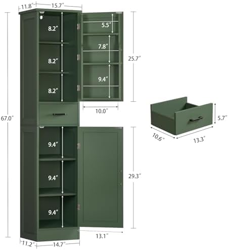 TEENFON Kitchen Pantry Cabinet with 3 Door Shelves & 1 Drawer, Narrow Bathroom Cabinet with Adjustable Shelves, Tall Storage Cabinet for Living Room, Bathroom, Entryway, Green - Image 3