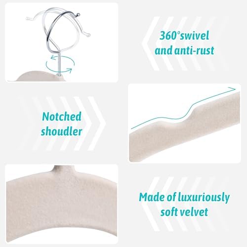 Sishynio Velvet Hangers 100 Pack, Non-Slip Slim Felt Clothes Hangers Beige | Space-Saving Closet Organization; Flocked Surface; 360° Swivel Hooks; For Shirts, Coats, Dresses, Blouses - Image 2