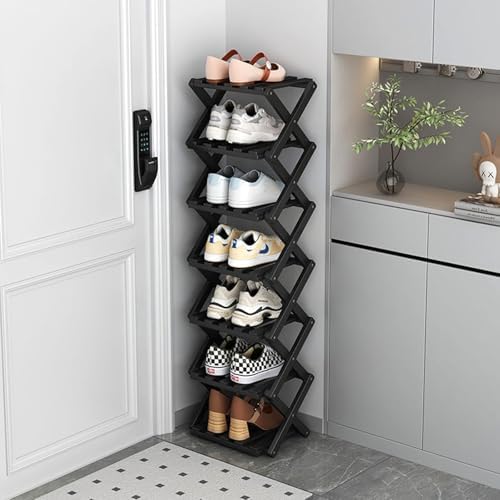 Vertical Narrow Shoe Rack Black, 7 Tier Portable Folding Shoe Storage Rack, Without Installation Free Standing Shoe Rack for Corridors, Bedrooms Living Room Corner and Small Spaces by Akloya