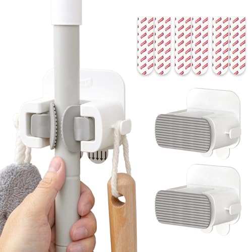TAILI Mop and Broom Holder Wall Mount Grippers, 3 Hangers and 8 Adhesive Strips, Damage Free Hanging Wall Mount, Household Cleaning Organizer for Organization and Storage, Holds up to 4 lbs, Grey by TAILI