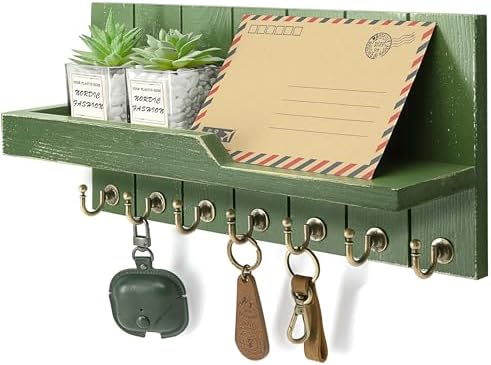 Rebee Vision Key Holder Wall Mount with Shelf &7 Hooks for Entryway, Green by REBEEVISION
