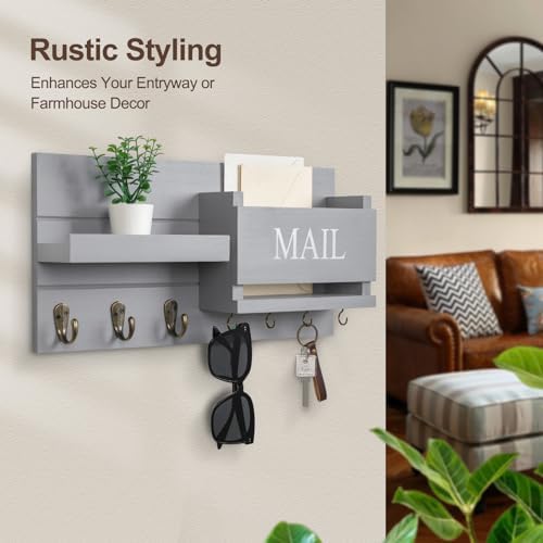 Lwenki Mail Organizer for Wall Mount – Key Holder with Shelf Includes Letter Holder and Hooks for Hallway Farmhouse Decor – Rustic Wood with Flush Mounting Hardware (16.5” x 9.1” x 3.4”) (Gray) - Image 4
