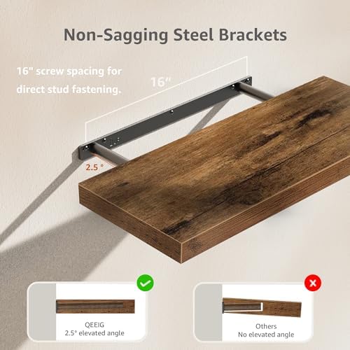 QEEIG Floating Shelves for Wall 23.6" Long - Wall Mounted Shelf Bathroom Kitchen Living Room Bedroom Farmhouse Home Decor Display Bookshelf Set of 2, Rustic Brown (008-60BN) - Image 5