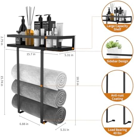 Towel Racks for Bathroom Wall Mounted, Xstydes Metal Towel Holder with Wooden Shelf for Folding Large Towels, Towel Storage for Small Bathroom Organizer Decor or RV Camping, Black - Image 2