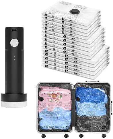 Vacuum Seal Bags for Clothing Travel and Home Storage, Travel Vacuum Bags with Electric Pump, Space Saver Compression Packing Cubes for Luggage Suitcase Bedding Blankets Clothes, 15 Combo by SUOCO