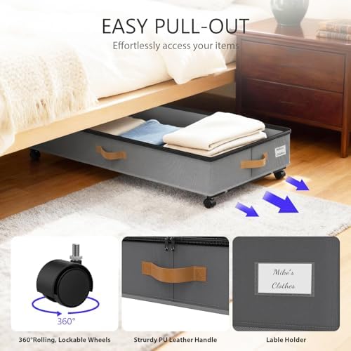 Under Bed Storage with Wheels 2-Pack, 75L XXL Under the Bed Storage Containers Large, 12" Tall Adjustable Storage for Underbed with Lids, Rolling for Clothes, Shoes, Blankets (4PCS-Grey) - Image 4