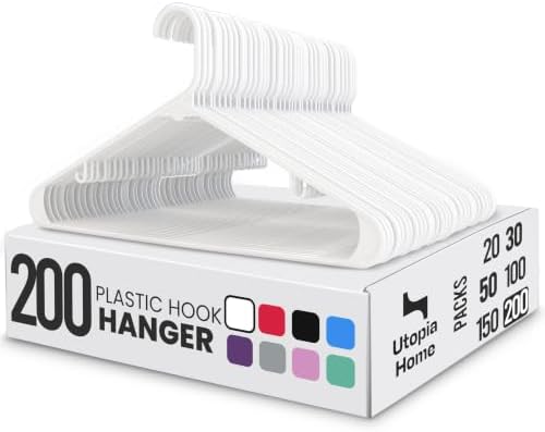 Utopia Home Plastic Hangers 200 Pack – Built-in Strap Hooks White | Space saving | Durable & strong | Closet organizer | Clothes hangers | Ideal for shirts, pants, skirts & coats by UTOPIAHOME