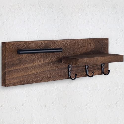 Key Holder for Wall, Decorative Entryway Shelf with Hooks Holds Keys, Dog Leash, Sunglasses – Key Hanger with 3 Hooks Organizes, Enhances Home Decor (15” x 4.5” x 2.6”) (Brown) - Image 2