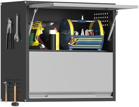 Metal Garage Wall Cabinet with Up-Flip Door, Black Float Tool Cabenit with 2 Doors,Upper Storage Cabinets with Pegboard for Kitchen,Garage,Workshop,Warehouse (25.6" H,Black&Gray) by Firstsky