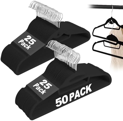 Velvet Hangers 50 Pack, S-Shaped and Stackable Felt Hanger(Black) by UEAKPIC