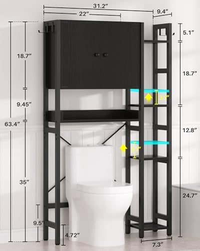 Over The Toilet Storage Cabinet with Doors - 7 Tier Bathroom Organizer with Adjustable Shelf, Freestanding Space Saver Rack Above Toilet Stand with 4 Hooks for Bathroom, Restroom, Laundry, Black - Image 3