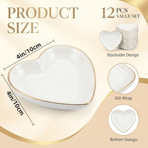 12 Pack Ceramic Jewelry Trays, 4 Inch Heart Shaped | Decorative Trinket Dish Set for Vanity Organizer & Bathroom Decor, Birthday Gifts for Women - Image 2