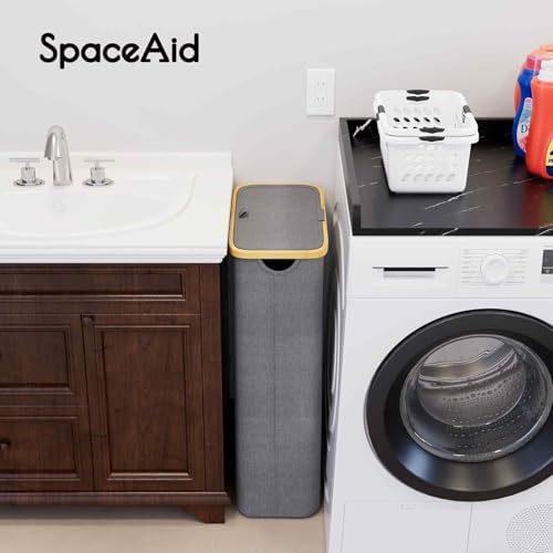 SpaceAid Slim Laundry Hamper with Lid, 65L Narrow Clothes Basket Bin with Bamboo Handles, Skinny Tall Collapsible Hamper for Bedroom, Bathroom, Dorm, Laundry Room - Grey - Image 3