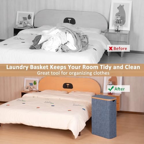 iEGrow 65L Slim Laundry Hamper, Narrow Laundry Basket with Lid,Foldable Clothes Hamper with Bamboo Handles,Hamper Basket with Removable Inner Bag for Laundry Room Bedroom College Dorm,17.17 Gals Blue - Image 3
