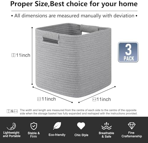 OIAHOMY Storage Cubes 11 Inch Storage Bins 3-Pack Woven Square Basket Grey - Image 3