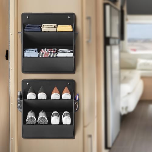 2 Pack RV Shoe Storage with Sticky Adhesive Tape, Over the Door Shoe Rack, Wall Hanging Shoe Organizer with Large Deep Pockets for Camper, Narrow Space Saving Closet Organizers Black by DEYILIAN