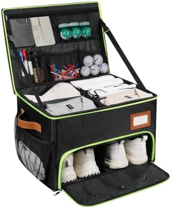 2 Layer Golf Trunk Organizer, Golf Organizer with 2 Pairs Shoes Compartment, Golf Storage Waterproof Car Trunk Locker for Balls, Caps, Clothes, Gloves, Accessories, Gifts for Golfers by XHGWJSX