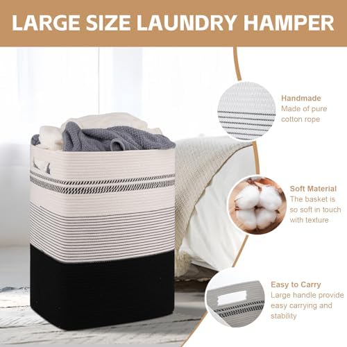 80L Large Cotton Rope Laundry Basket for Bedroom & Laundry Room, Tall Clothes Hamper with Sturdy Handles, Neutral Storage Bin Capable of Holding Blankets and Toys - Image 3