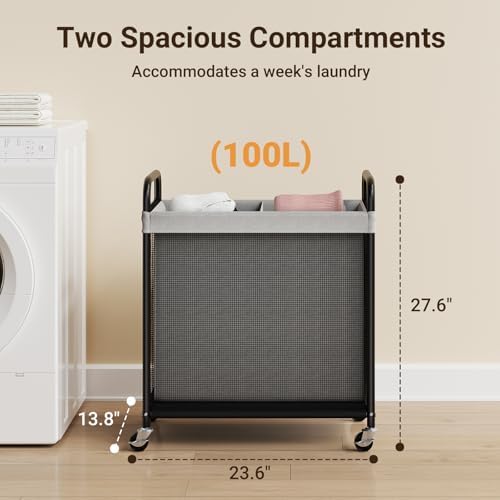 ELYKEN Laundry Hamper 2 Section, 100L Rolling Laundry Sorter with Wheels - Image 3