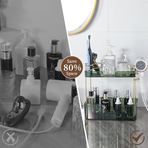 YCIA&DONE Luxury Bathroom Counter Organizer, Large Makeup Organizer Countertop, Shelf Organizer, Vanity Tray, Easily Assemble for Bathroom Organizers and Storage, Undersink, Cabinet, 2 Tiers Green - Image 3