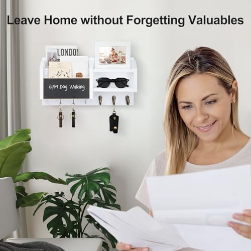 Lwenki Mail and Key Holder – Wall Mount Key Hanger with Shelf and 7 Metal Hooks – Decorative Natural Paulownia Wood Entryway Organizer with Mounting Hardware (16.5”W x 8.7”H x 3.5”D) (White) - Image 3