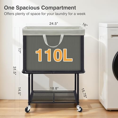 STO STO Rolling Laundry Hamper with Lockable Wheels, 29-Gallon (110L) Laundry Cart with Removable Canvas Bag, 2-Tier Clothes Basket Hamper with Shelf for Closet, Bedroom, Bathroom, Laundry Room, Gray - Image 6