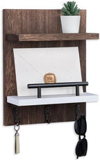 Key Holder Wall Mount, Key Holder With 2 Display Shelf, 3 Hooks for Key, Coat, Dog Leash, Key Hanger with Hook for Mail, Potted Plant, Farmhouse Mail Holder, Entry Way Organizer (Brown & White) by Lucundm