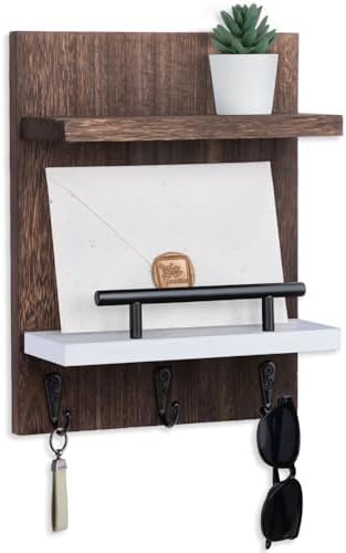 Key Holder Wall Mount, Key Holder With 2 Display Shelf, 3 Hooks for Key, Coat, Dog Leash, Key Hanger with Hook for Mail, Potted Plant, Farmhouse Mail Holder, Entry Way Organizer (Brown & White) by Lucundm