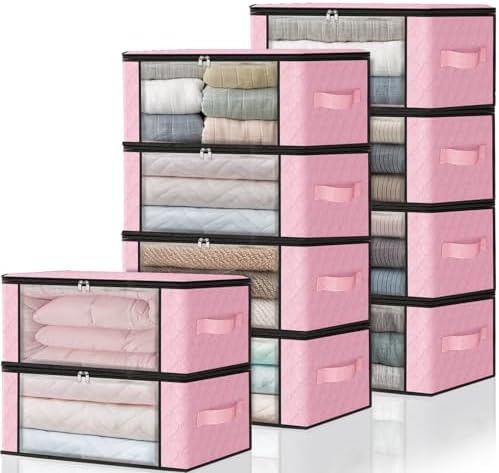 HomeHacks 10-Pack Clothes Organizer Storage Bags, 35L Storage Bins, Pink | Foldable Storage Box Container with Zippers, Clear Window, Reinforced Handles for Closet, Dorm, Pillows, Bedding, Sweater by HomeHacks