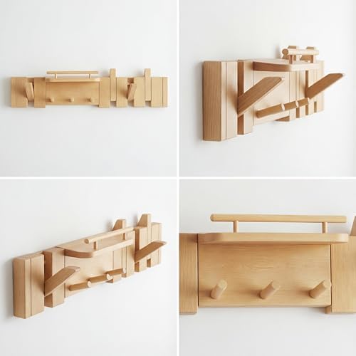 Mid Century Modern Wood Coat Rack Wall Mount with Shelf,7 Hooks, Natural - Image 3