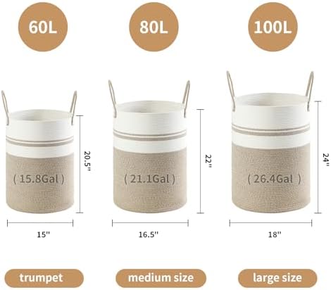 Laundry Basket Hamper Tall Rope Storage Woven for Blanket toys Dirty Clothes in Living Room Bathroom Bedroom (Brown&White, 60L/15.8Gal) - Image 3