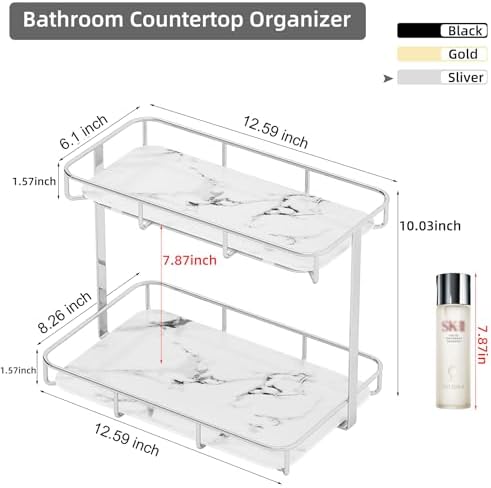 Bathroom Organizer Countertop Perfume Organizer Makeup Organizer Cosmetics Storage Display Rack Vanity Tray Dresser Stainless Steel Gold Shelf White Marble Ceramic Tray - Image 5