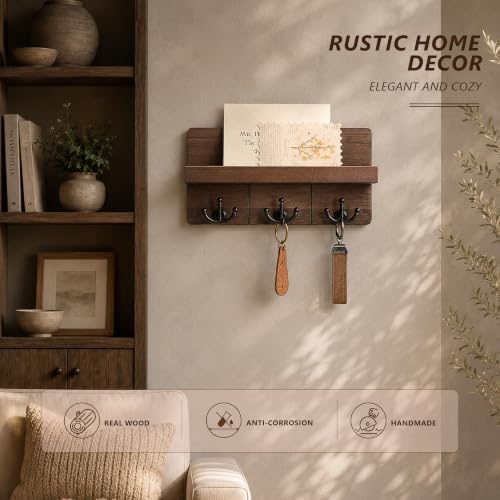 Rebee Vision Key Holder Wall Mount with 3 Hooks for Entryway, Retro Brown - Image 3